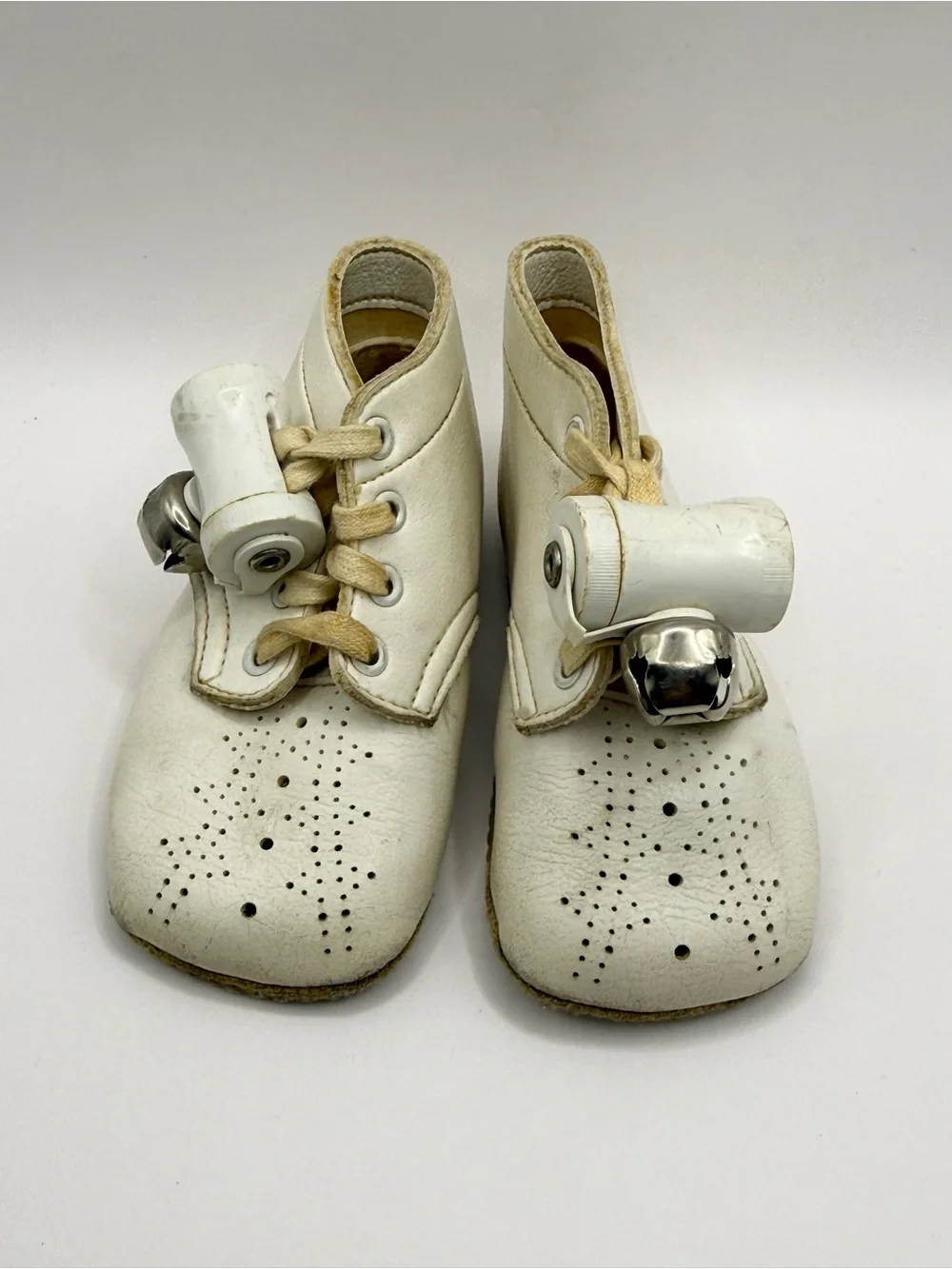 Vintage Baby Walker Soft Sole Shoes Lace Up with Bells White 1950s